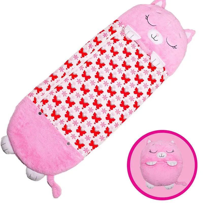 Cozy plush animal sleeping bag for kids, a soft pillow and travel nap sack in one.