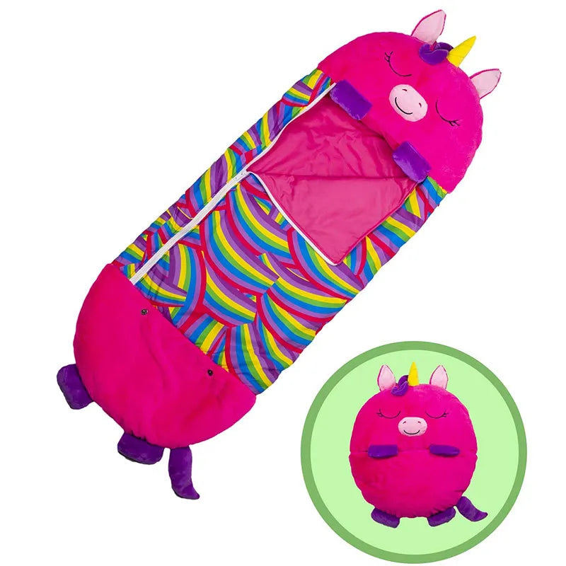 Portable animal sleeping bag for children, with a built-in pillow for fun sleepovers & trips.
