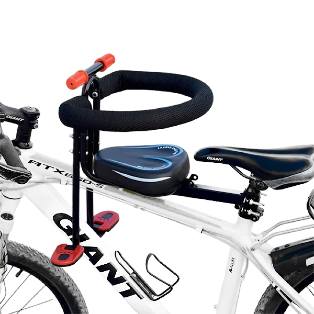 "Kids child bike seat in vibrant red and black with safety harness and padded seat, designed for adult bicycles."