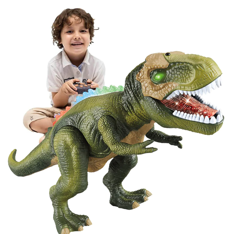 Realistic walking T-Rex dinosaur toy with remote control. Features roaring sounds & bright LED lights for kids.