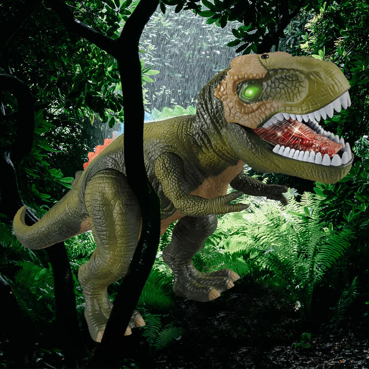 Vibrant electric remote control walking dinosaur toy for kids. Roaring sounds & flashing LED eyes enhance play.