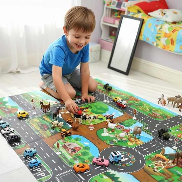 Kids' farm & road play mat, vibrant colors, interactive learning, perfect for toddler imaginative play.