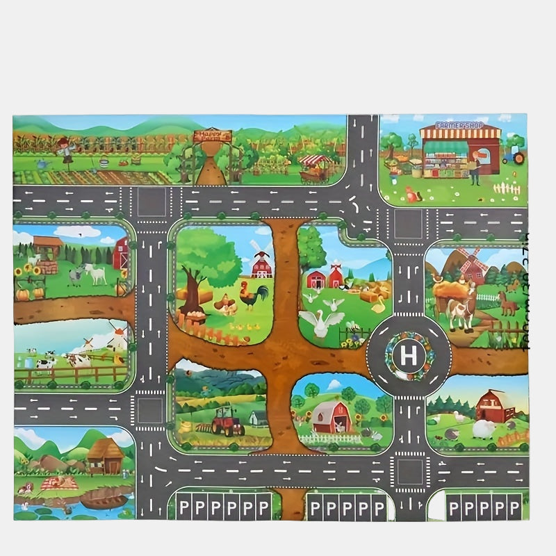 Educational farm theme play mat with roads for cars, encouraging imaginative fun in kids' rooms.