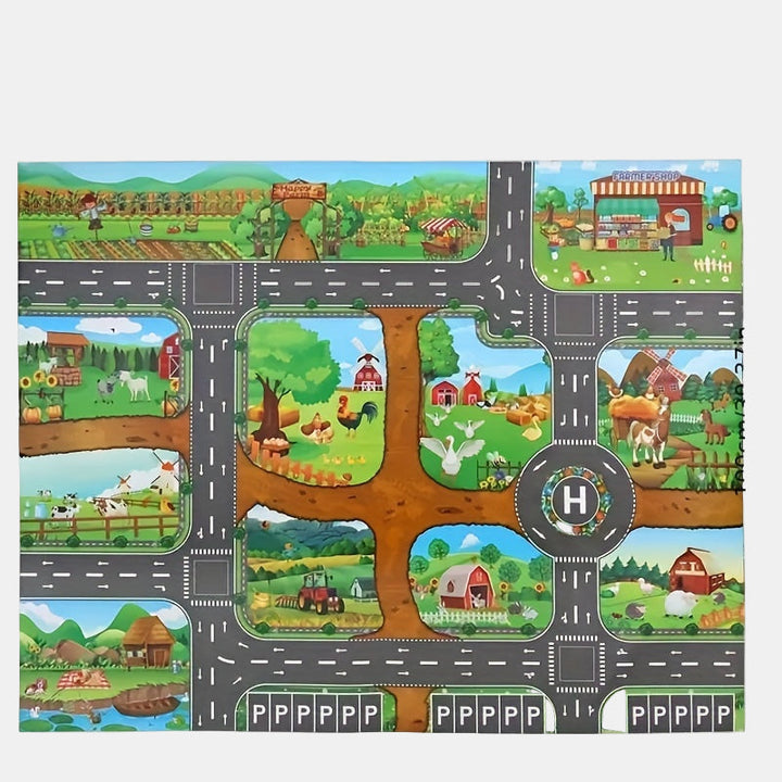 Educational farm theme play mat with roads for cars, encouraging imaginative fun in kids' rooms.