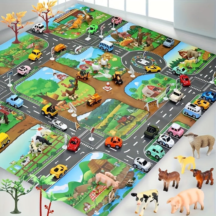 Non-slip kids rug: farm & road play mat, safe for toddlers, great for interactive play & learning.