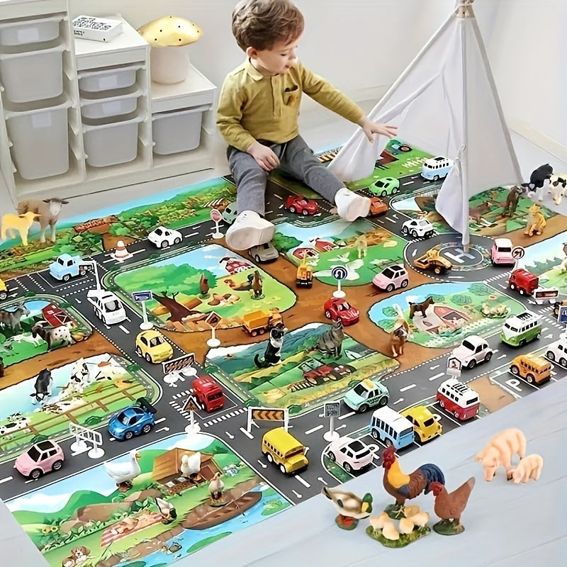 Imaginative farm & road map play mat for children, promoting educational toddler activity & creative fun.