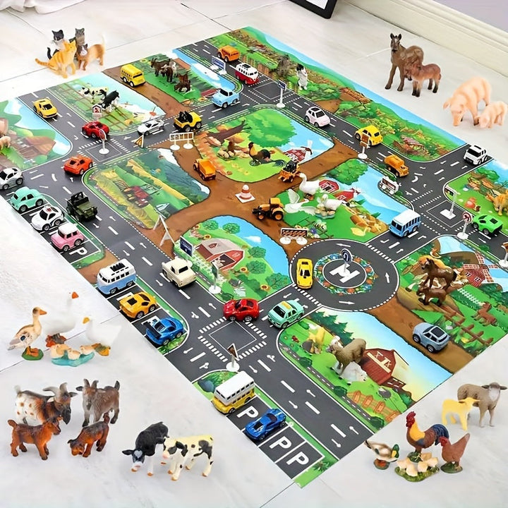 Detailed farm & road play mat for kids' room, soft interactive rug, perfect for small toys & vehicles.