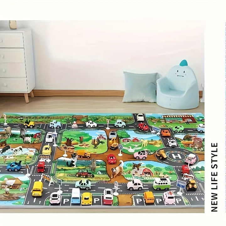 Educational farm play mat with road map design, stimulating imaginative learning & toddler activity.