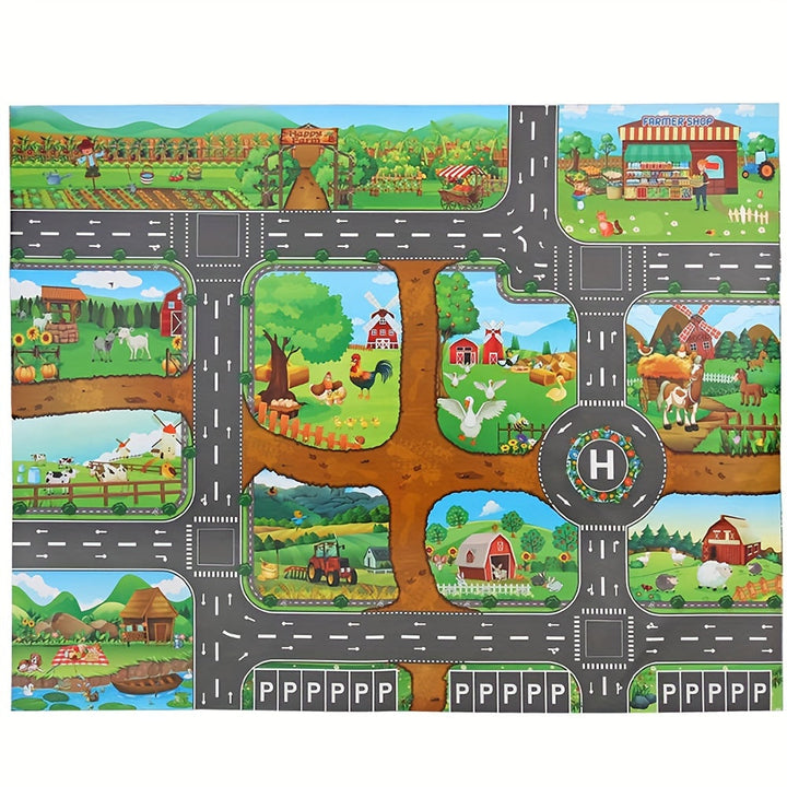 Vibrant kids farm & road play mat, non-slip, interactive rug for imaginative learning & educational play.