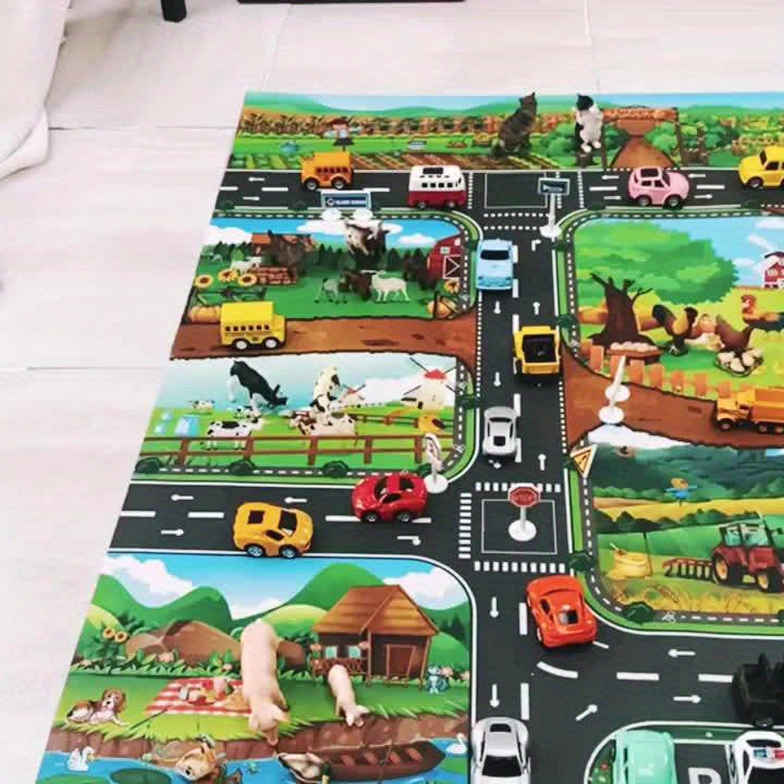 Durable kids play mat with farm & road map, ideal for toddler imaginative play and children's room decor.
