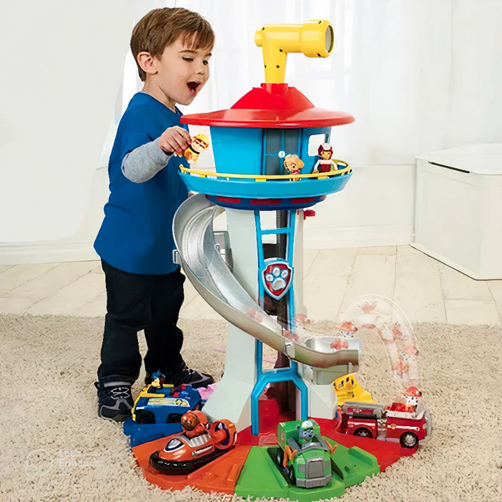 Kids' Multi-Level Toy Car Slide Tower Playset with colorful plastic ramps and vehicles, perfect for young children.