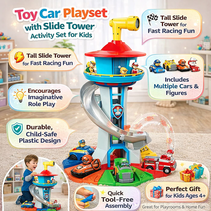 Toy car slide tower playset for kids, featuring a rescue theme and fast-paced vehicle adventures on multiple levels.