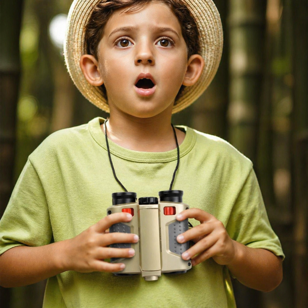 Children exploring nature with night vision binoculars, enhancing outdoor adventure and discovery. Educational spy kit.