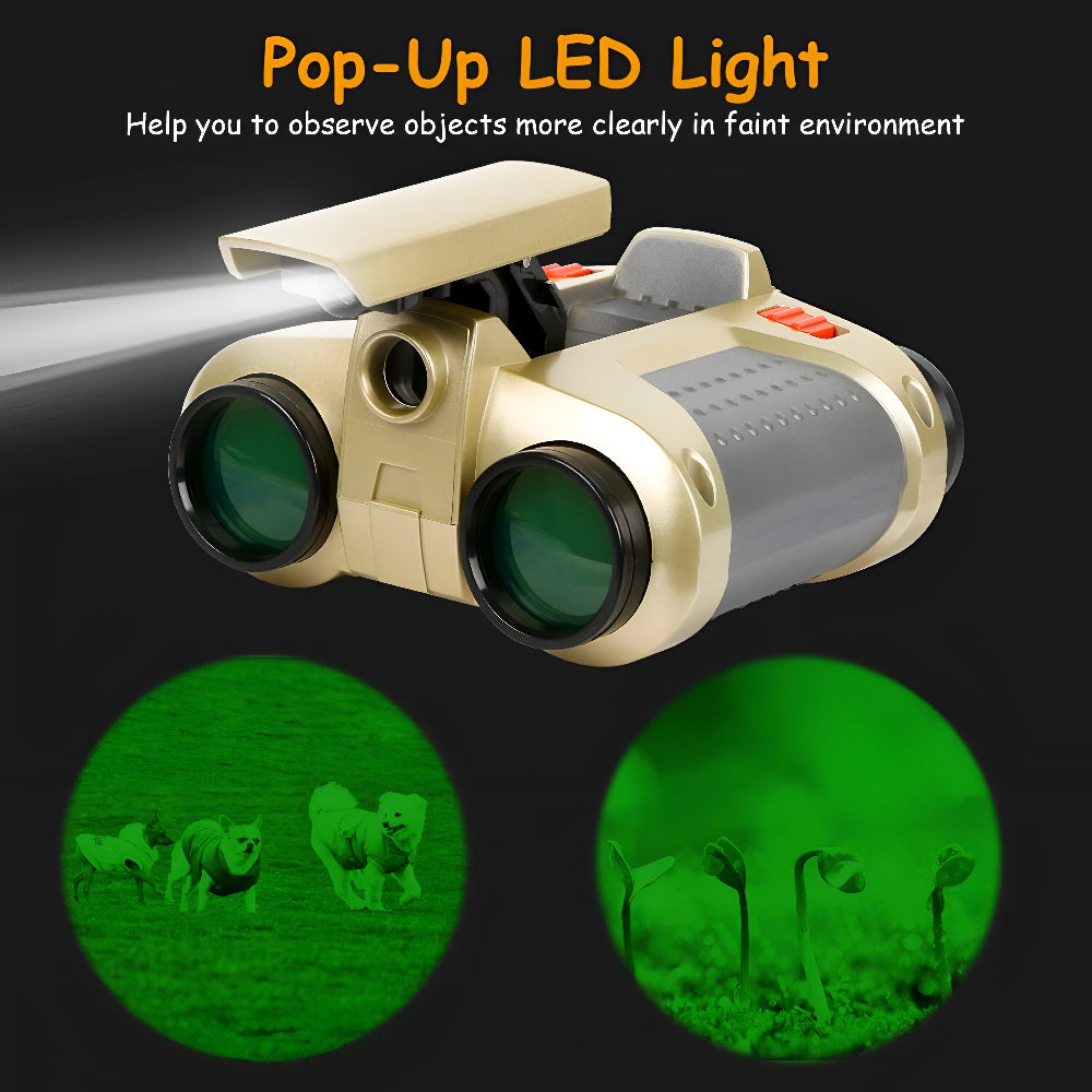 Young adventurer using night vision binoculars, an outdoor exploration toy for exciting low light nature discovery.