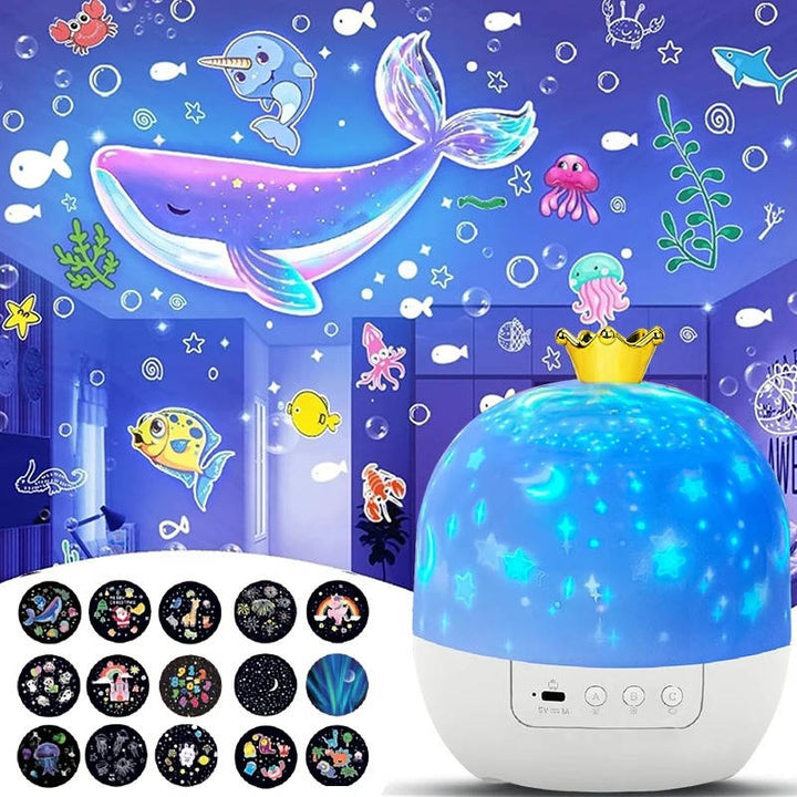 Kids projector night light with remote, casting magical stars & ocean waves for soothing bedtime room decor.