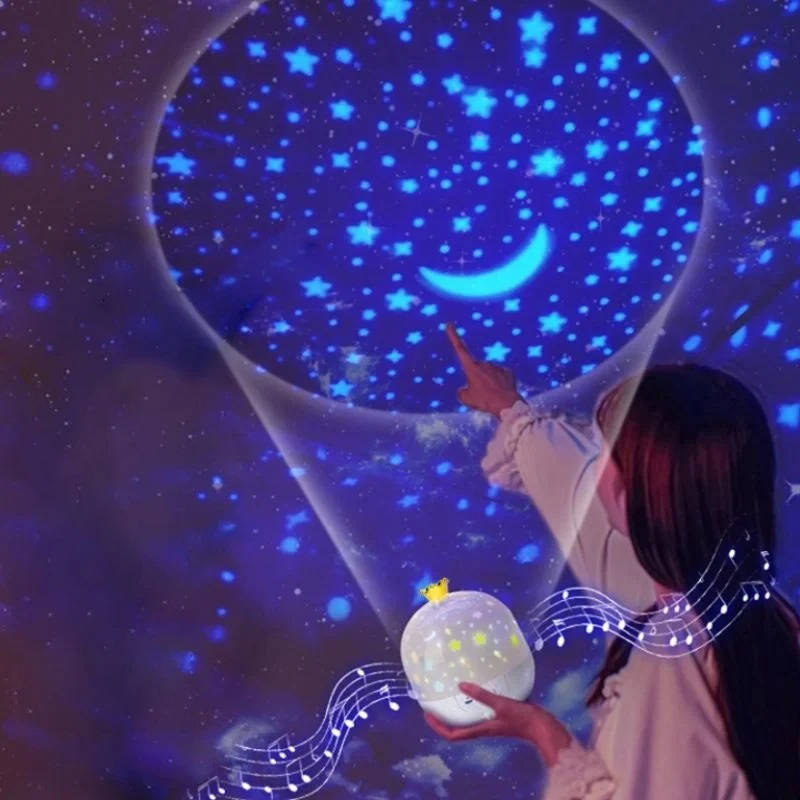 Children's projector lamp with remote control, displaying 6 magical rotating scenes for a calming nursery.