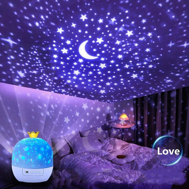 Star projector night light for kids, showing rotating galaxy stars & calming ocean waves for a peaceful room.