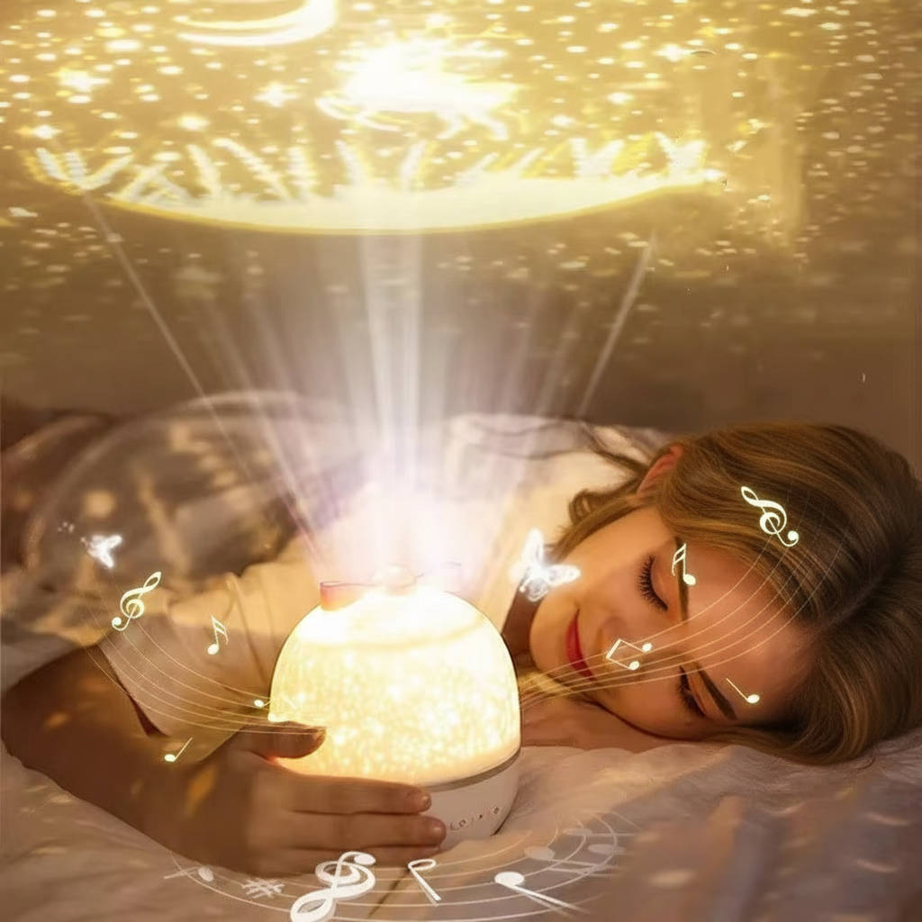 Soothing kids night light projector with remote, creates magical starry skies & ocean scenes for bedtime.