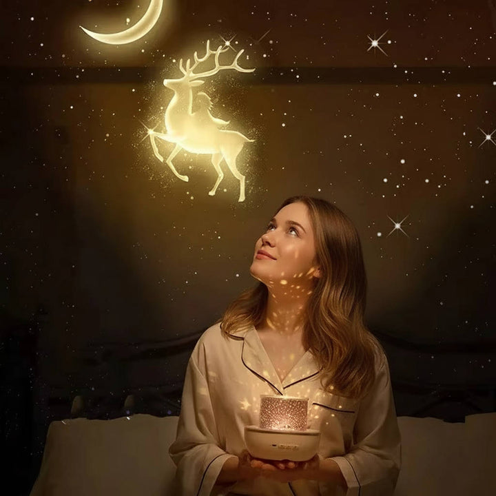 Decorative kids projector lamp, a rotating night light with 6 magical scenes for enchanting children's room decor.
