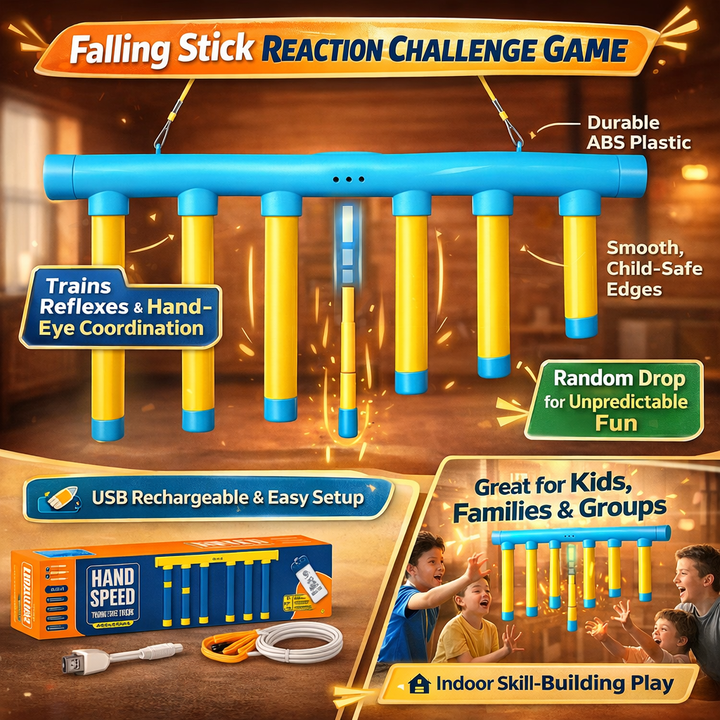 Interactive indoor kids game: Falling stick challenge promoting family fun & fast reactions.