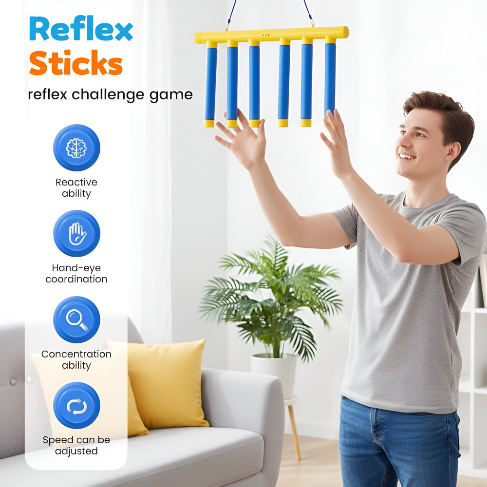 Close-up of a child's hand catching a stick in the Reflex Reaction Game, skill development.