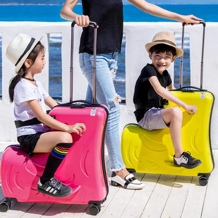 Kids' ride-on luggage, a fun toddler travel suitcase with secure lock, perfect children's carry-on for family vacations.