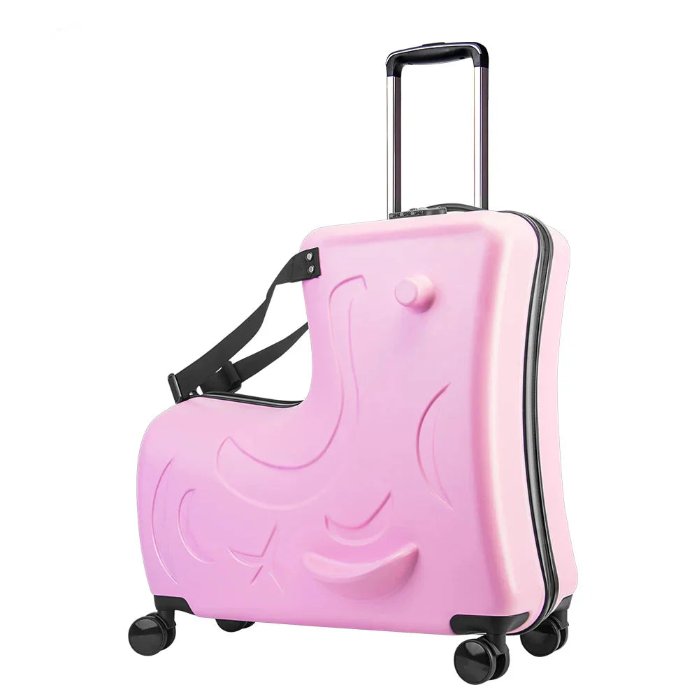 Kids' ride-on travel suitcase with secure lock, a durable children's carry-on making toddler travel easier.