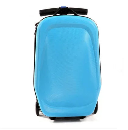 Youth ride-on scooter suitcase for children's travel. Fun, durable carry-on luggage with spinner wheels.