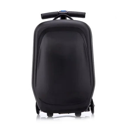Kids' ride-on scooter suitcase with spinner wheels. Foldable, durable carry-on for adventure travel.