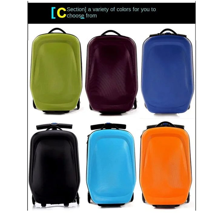 Durable kids' ride-on scooter suitcase for travel. Youth luggage with sturdy spinner wheels.