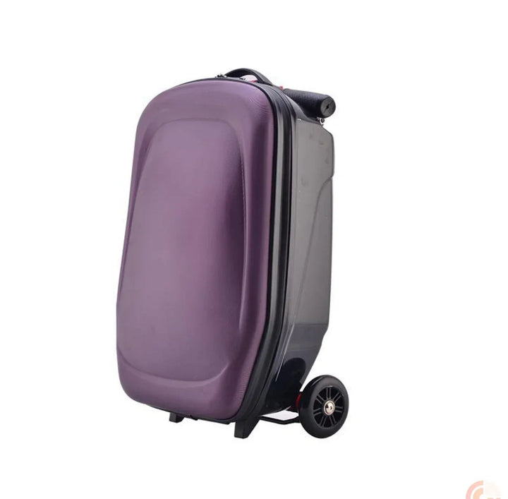 Child riding a blue kids' scooter suitcase. Fun, practical carry-on luggage for children's travel.