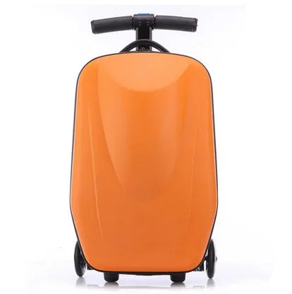 Child riding a kids' scooter suitcase through an airport. Adventure travel luggage for young travelers.