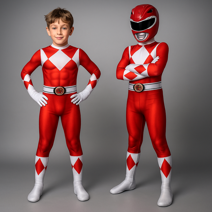 Kids' superhero muscle print jumpsuit with mask, perfect for dress-up and Halloween fun.