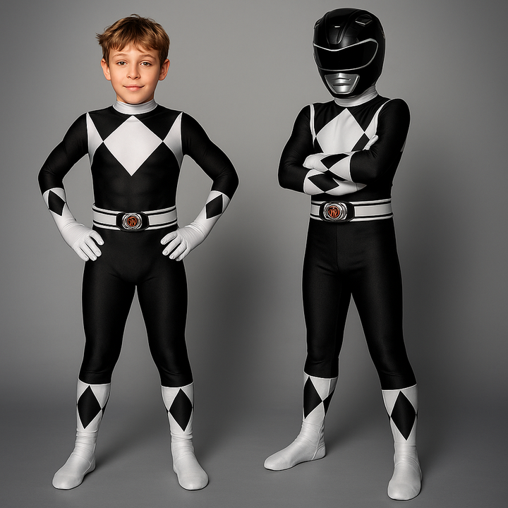 Full-body kids' superhero costume, detailed muscle print jumpsuit with attached mask.