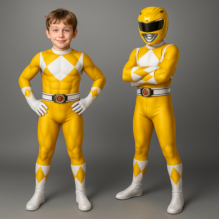 Vibrant superhero muscle print jumpsuit for kids, complete with a cool matching eye mask.