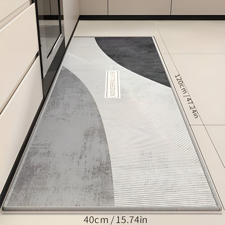 Ergonomic kitchen comfort mat for standing support at sink or stove. Washable & durable.