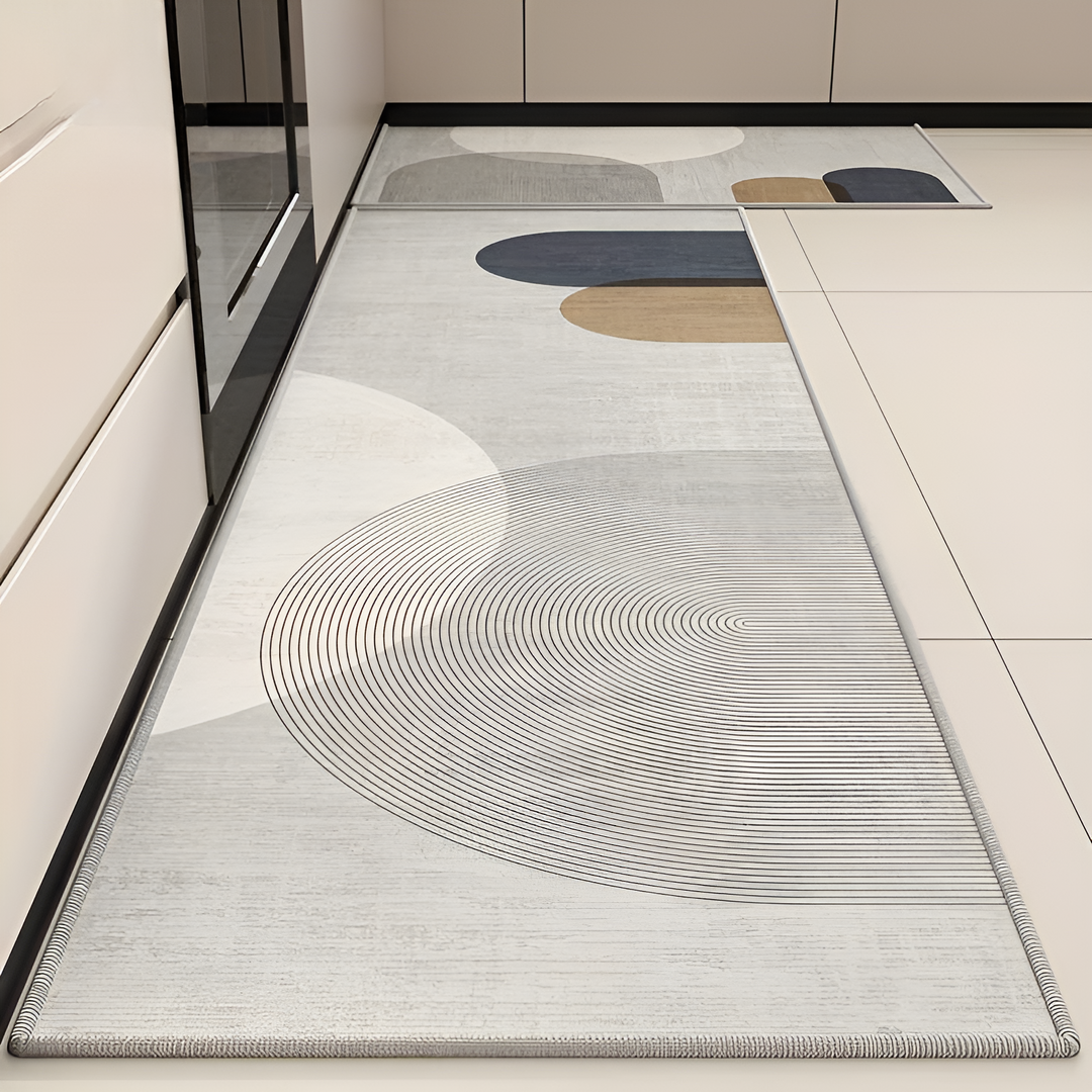 Heavy-duty kitchen standing mat with anti-fatigue properties. Cushioned, non-slip, easy clean.