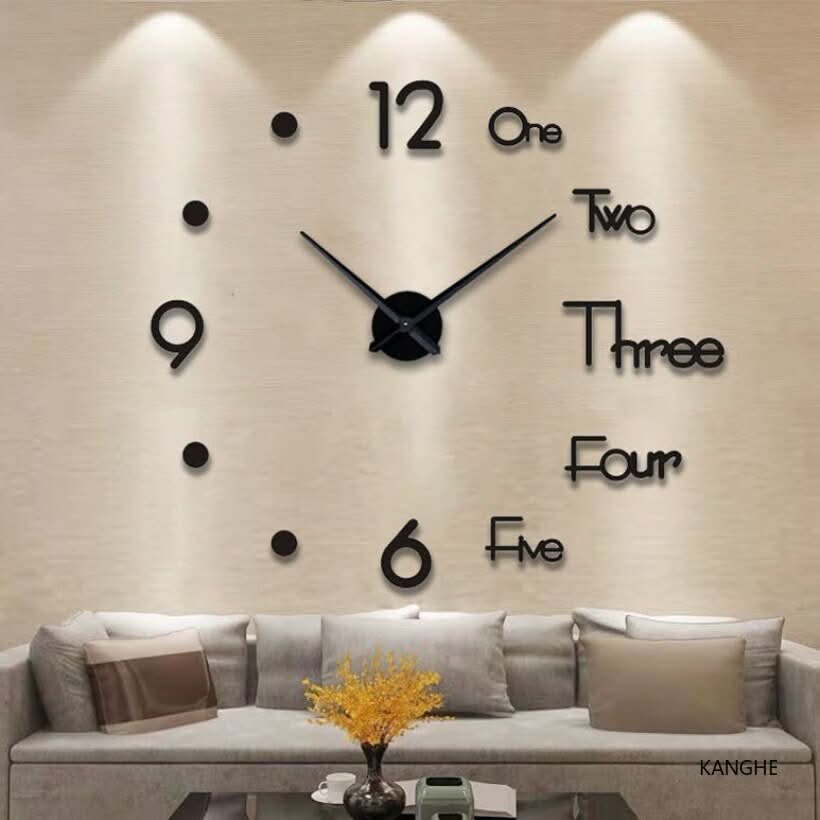 Large 3D wall clock with modern frameless design for living room decor. Silent, contemporary timepiece.