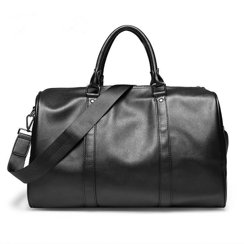 Large unisex leather travel duffel bag, lightweight carry-on luggage for weekend getaways.