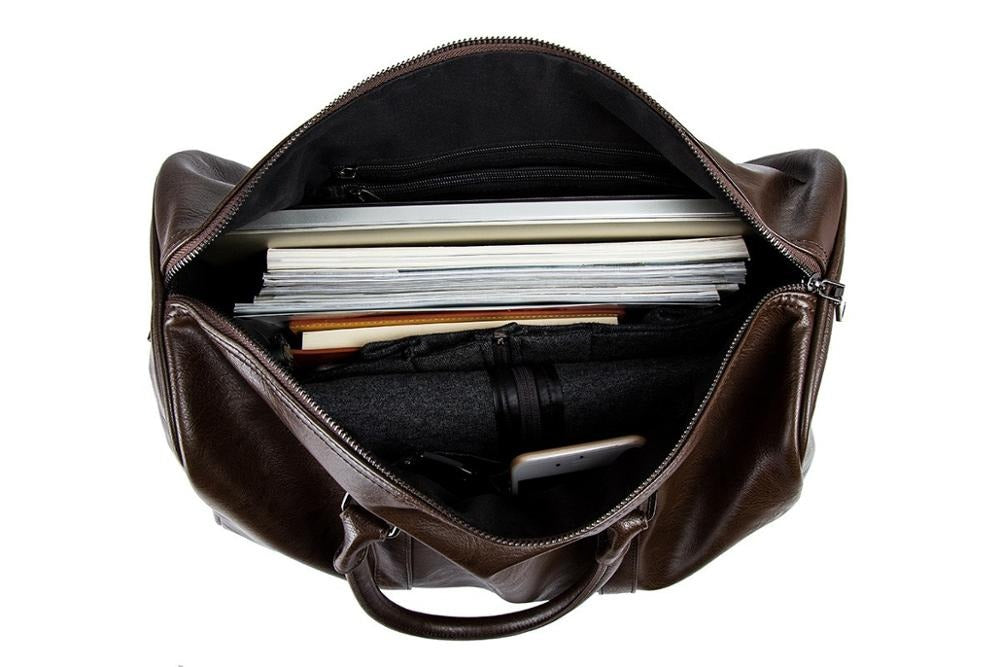 Men's & women's large leather duffel bag. Lightweight, durable, ideal for airline carry-on.