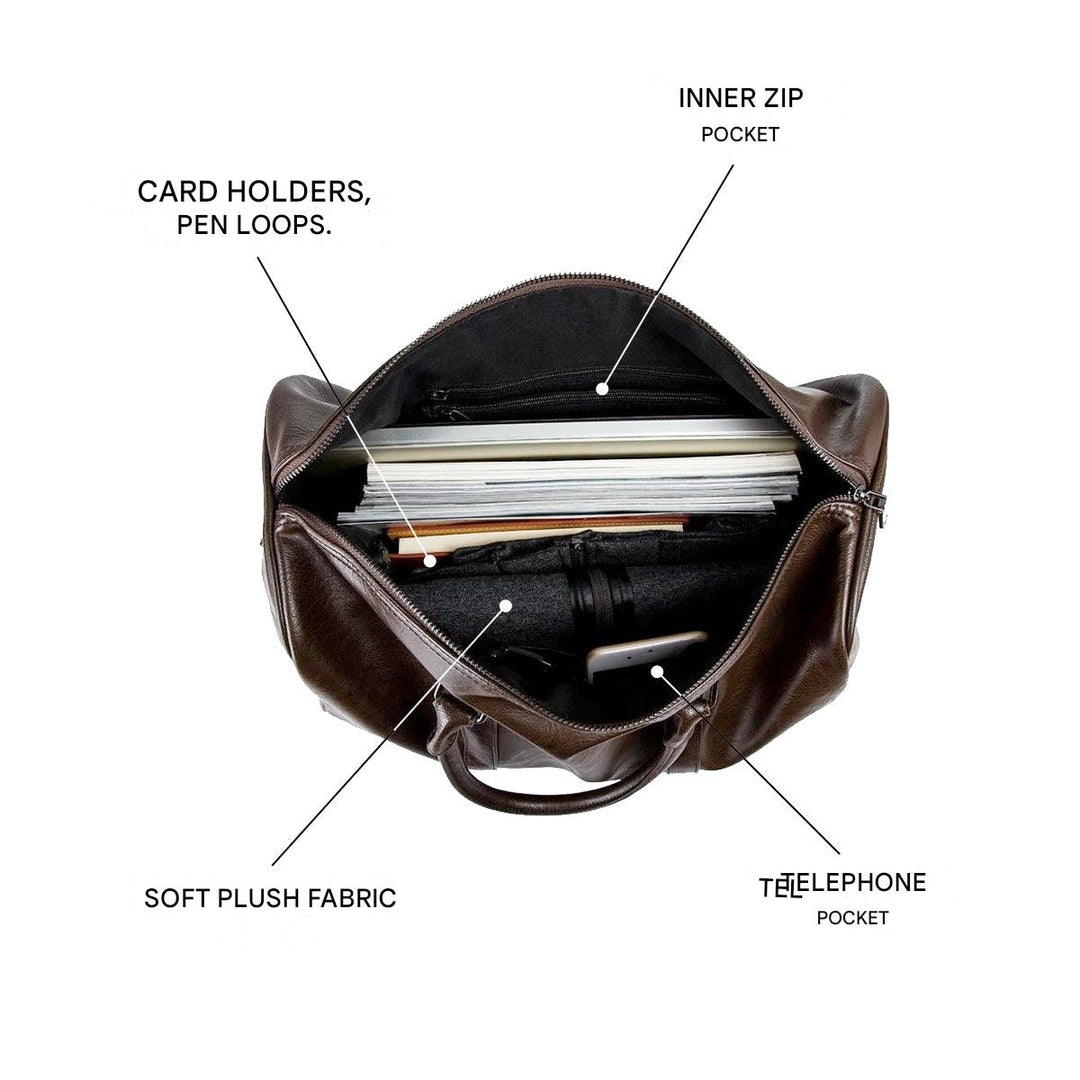 Durable, spacious leather duffel. Lightweight carry-on for travel, gym, or business trips.