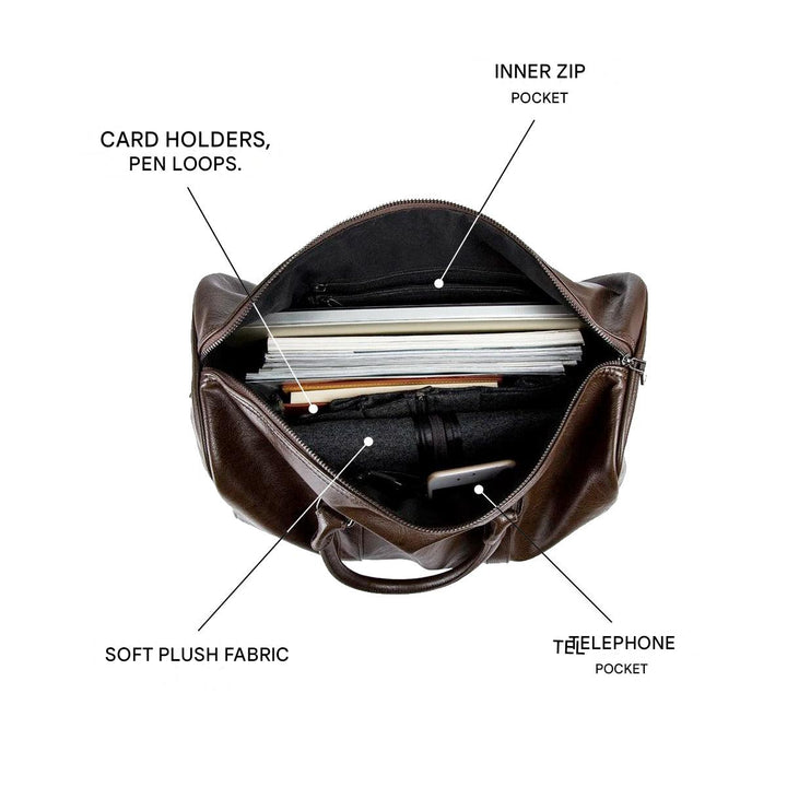 Durable, spacious leather duffel. Lightweight carry-on for travel, gym, or business trips.