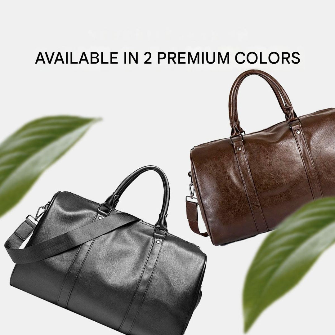 Premium leather weekend bag. Unisex, large, and lightweight, ideal for carry-on travel.