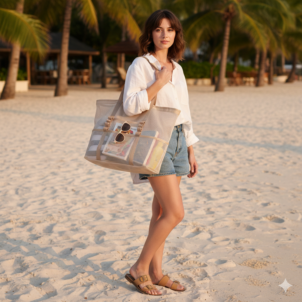Lightweight, open weave mesh beach bag for women, spacious & ideal for summer travel essentials.