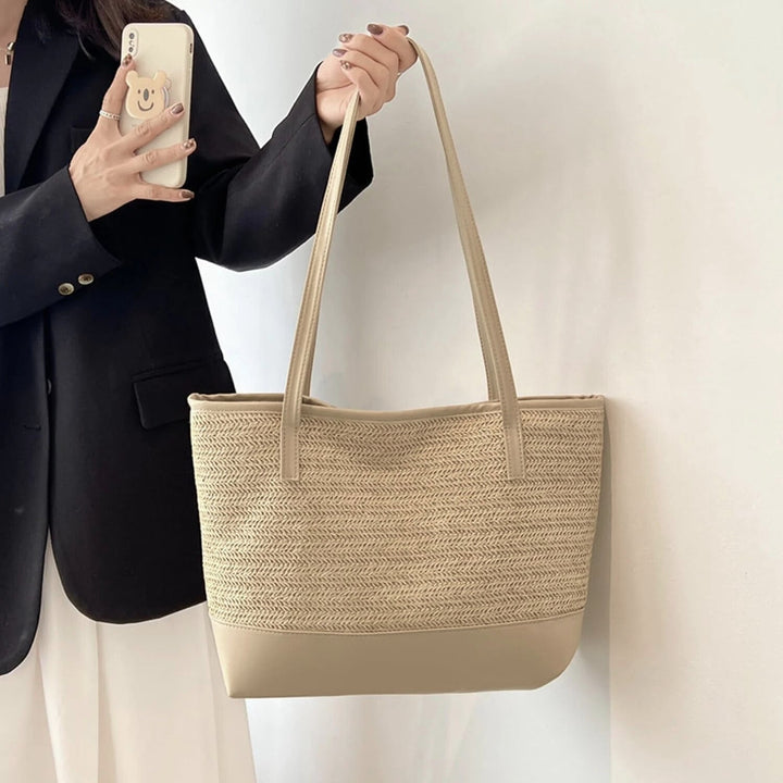 Large women's woven beige shoulder tote bag, perfect for everyday casual use, stylish and roomy handbag.