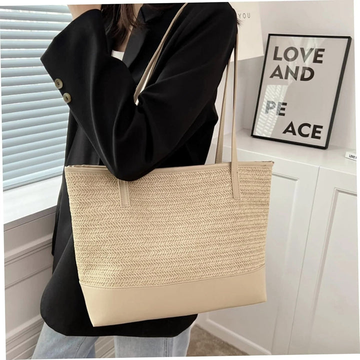 Elegant women's beige woven shoulder tote bag, a large and versatile handbag for casual or everyday wear.