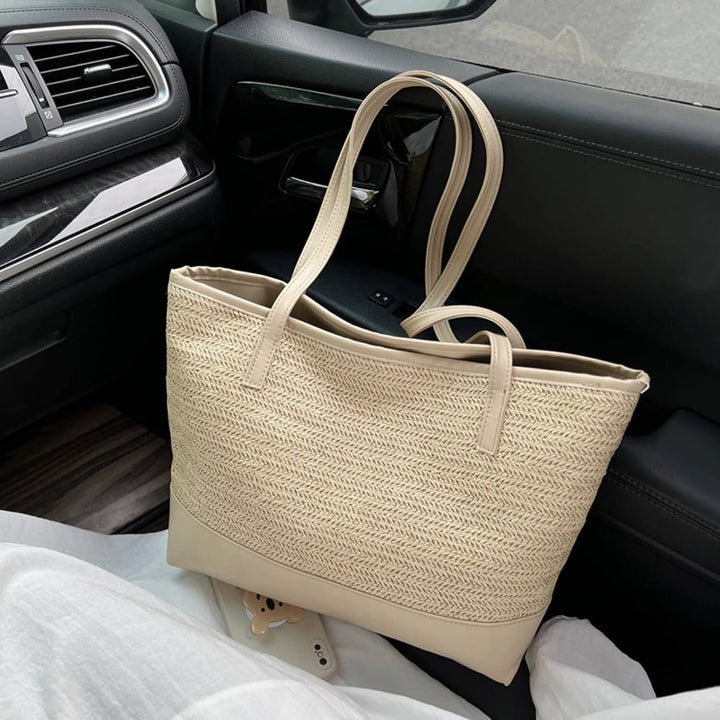 Chic beige woven large shoulder tote bag for women, an all-season handbag ideal for casual and everyday use.