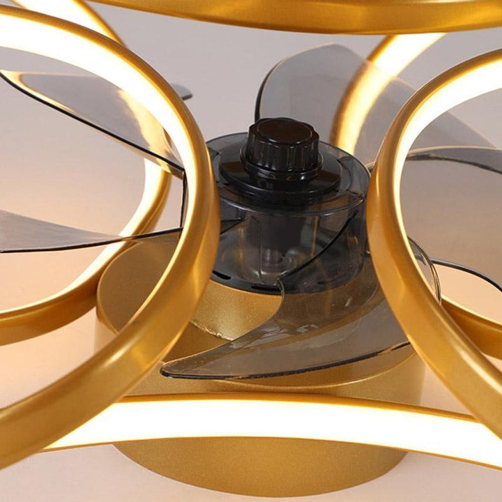 "LED flush mount ceiling fan light with curved blades, modern design enhances living rooms or bedrooms, stylish center fixtur