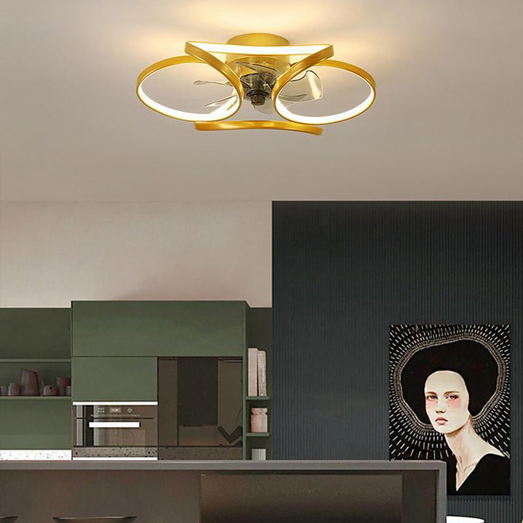 "LED flush mount ceiling fan light with curved blades, modern design enhances living rooms or bedrooms, stylish center fixtur