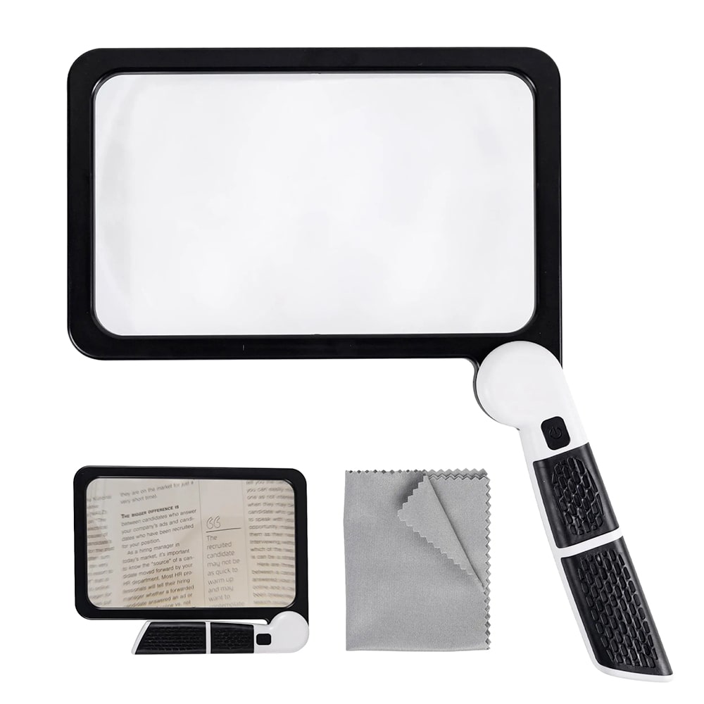 Ergonomic LED handheld magnifying glass, 5x, dimmable. Portable vision enhancement for detail.